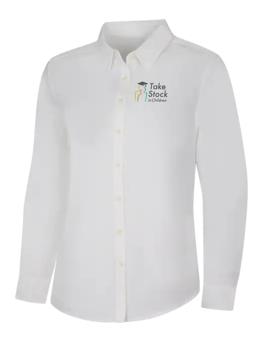 Womens White Long Sleeve Superpro React Twill Shirt w/Take Stock in Children Logo
