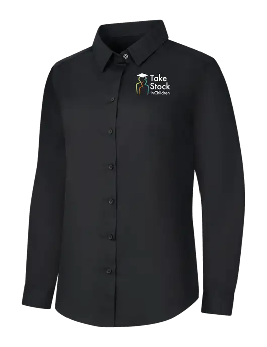 Womens Black Long Sleeve Carefree Poplin Shirt w/Take Stock in Children Logo