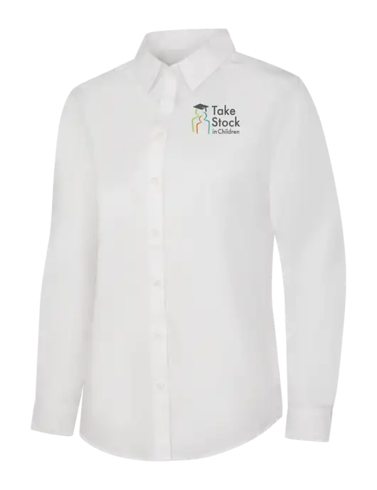 Womens White Long Sleeve Carefree Poplin Shirt w/Take Stock in Children Logo