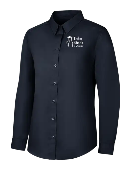 Womens River Blue Navy Long Sleeve Carefree Poplin Shirt w/Take Stock in Children Logo
