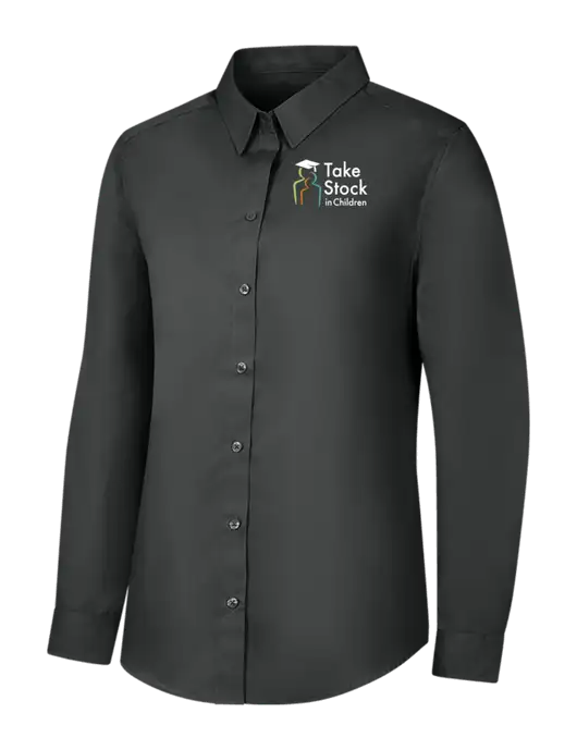 Womens Dark Grey Long Sleeve Carefree Poplin Shirt w/Take Stock in Children Logo