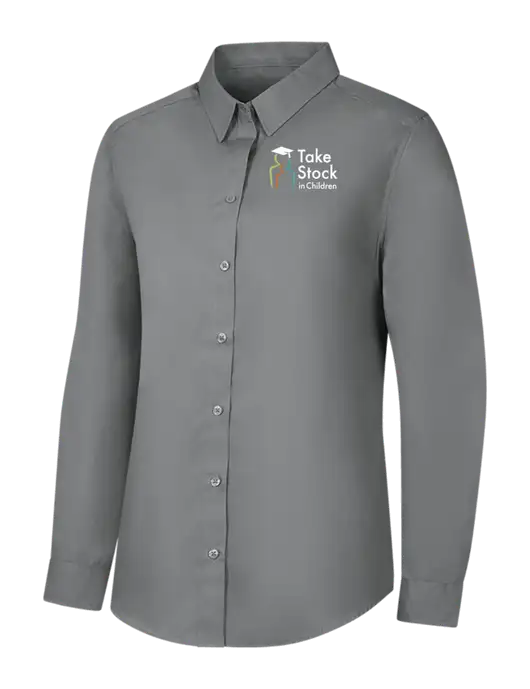 Womens Medium Grey Long Sleeve Carefree Poplin Shirt w/Take Stock in Children Logo