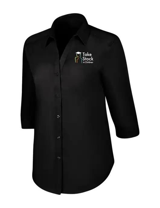 Womens Black 3/4 Sleeve Carefree Poplin Shirt w/Take Stock in Children Logo