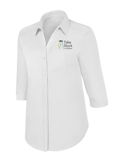 Womens White 3/4 Sleeve Carefree Poplin Shirt w/Take Stock in Children Logo