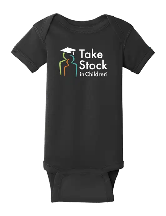 Rabbit Skins Black Infant Short Sleeve Baby Rib Bodysuit w/Take Stock in Children Logo