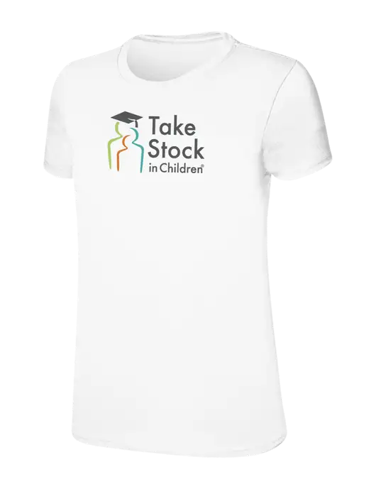 Womens Ring Spun White 4.5 oz T-Shirt w/Take Stock in Children Logo