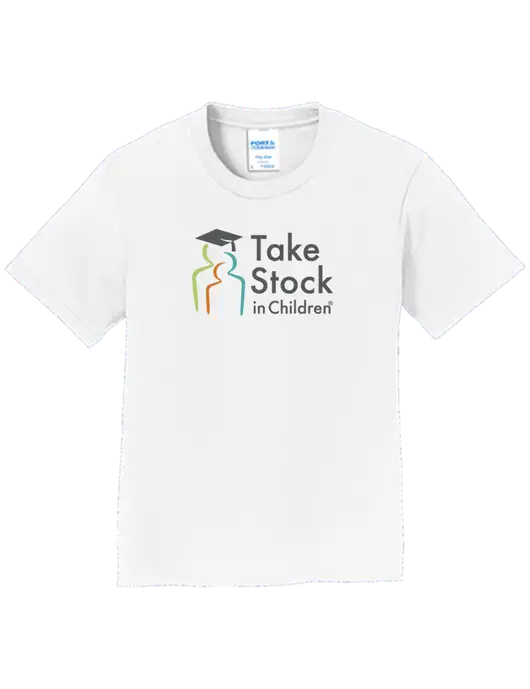 Youth Ring Spun White 4.5 oz T-Shirt w/Take Stock in Children Logo