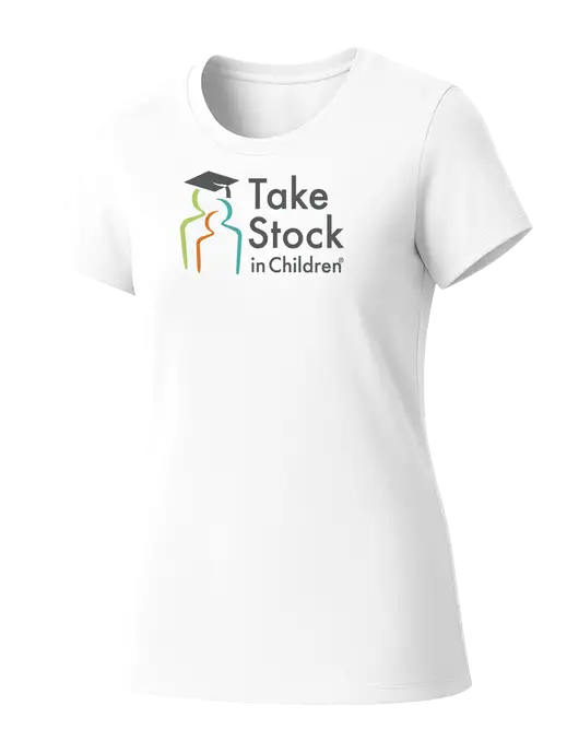 Womens Seriously Soft White T-Shirt w/Take Stock in Children Logo