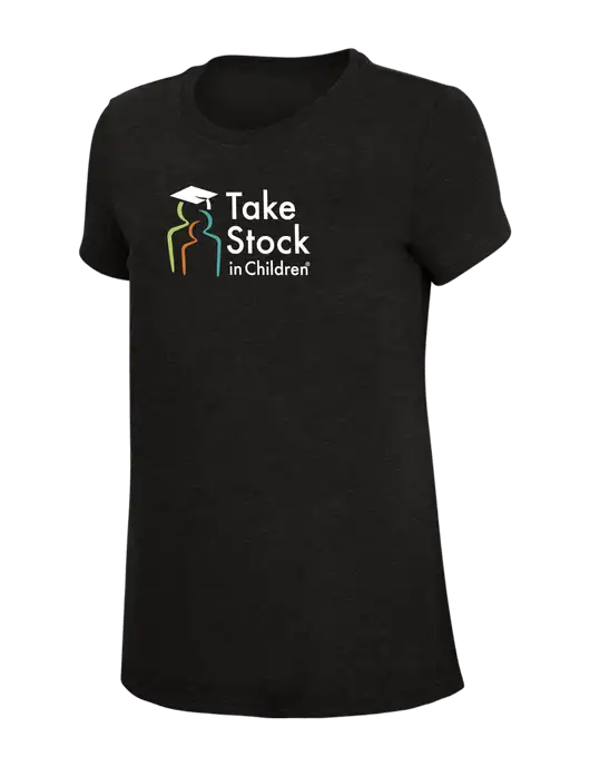 Womens Simply Soft Black 4.5oz Poly/Combed Ring Spun Cotton T-Shirt w/Take Stock in Children Logo