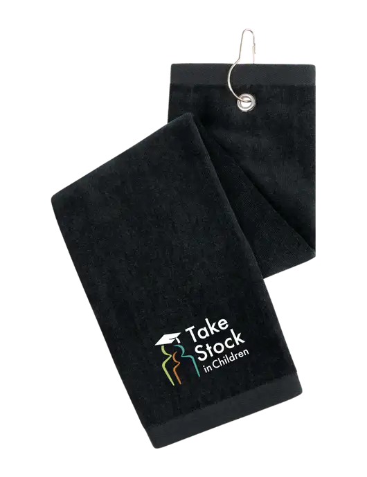 Black Tri-Fold Golf Towel with Grommet w/Take Stock in Children Logo