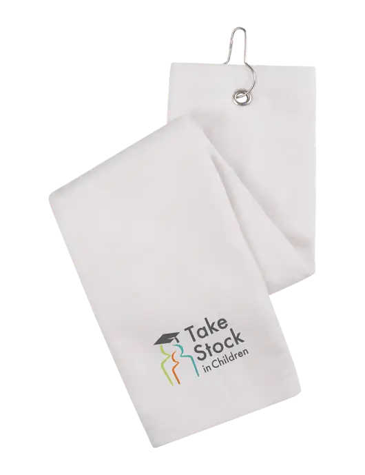White Tri-Fold Golf Towel with Grommet w/Take Stock in Children Logo