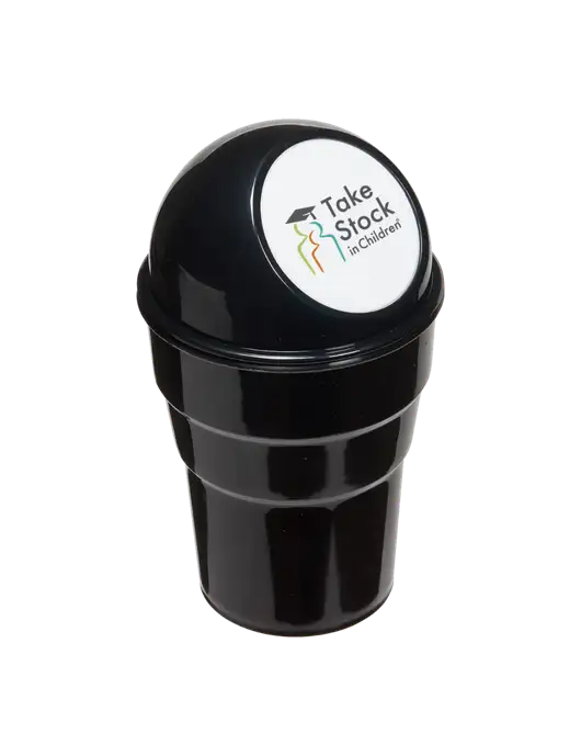 Black Car Cup Holder Trash Can w/Take Stock in Children Logo