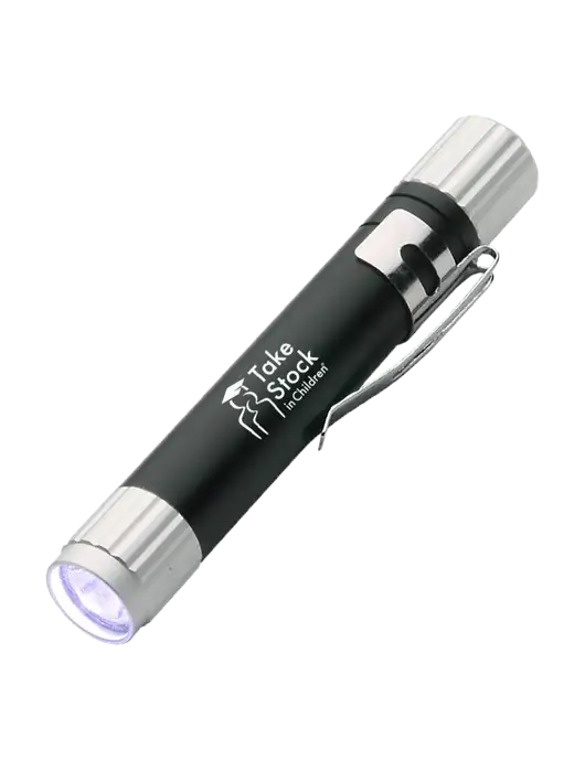 Black Aluminum LED Penlight w/Take Stock in Children Logo