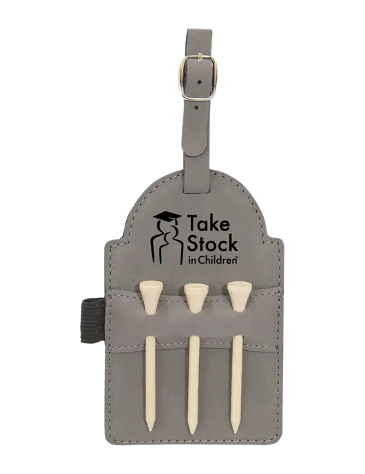 Grey Leatherette Golf Bag Tag with 3 Wooden Tees w/Take Stock in Children Logo