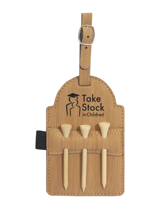 Bamboo Leatherette Golf Bag Tag with 3 Wooden Tees w/Take Stock in Children Logo