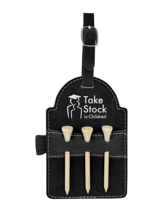 Black Leatherette Golf Bag Tag with 3 Wooden Tees w/Take Stock in Children Logo