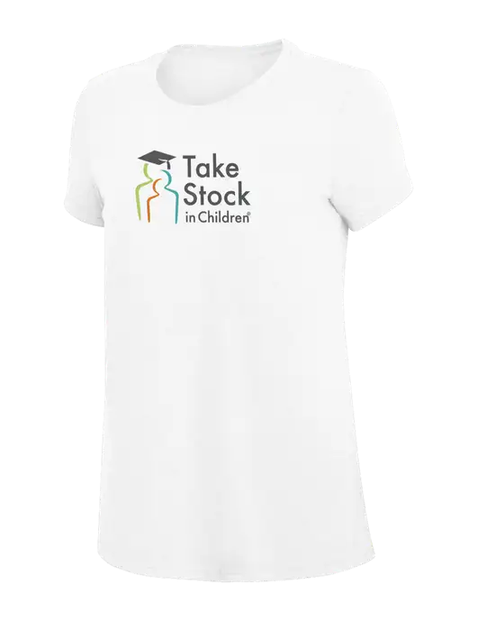 Womens Simply Soft White 4.5oz Poly/Combed Ring Spun Cotton T-Shirt
 w/Take Stock in Children Logo