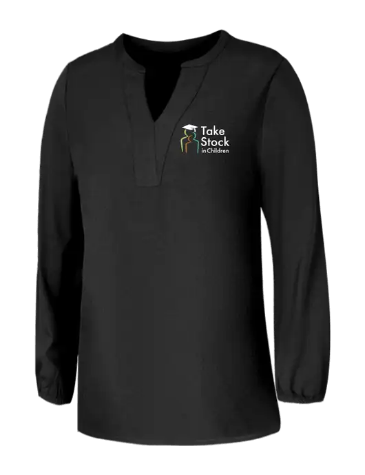Mercer+Mettle Womens Deep Black Stretch Crepe 3/4 Sleeve Blouse w/Take Stock in Children Logo
