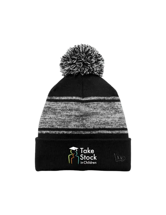 New Era Black/Charcoal Knit Chilled Pom Beanie w/Take Stock in Children Logo