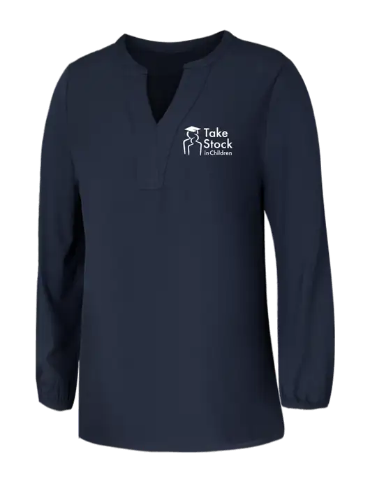 Mercer+Mettle Womens Navy Stretch Crepe 3/4 Sleeve Blouse w/Take Stock in Children Logo