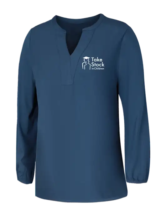 Mercer+Mettle Womens Light Navy Blue Grey Stretch Crepe 3/4 Sleeve Blouse w/Take Stock in Children Logo