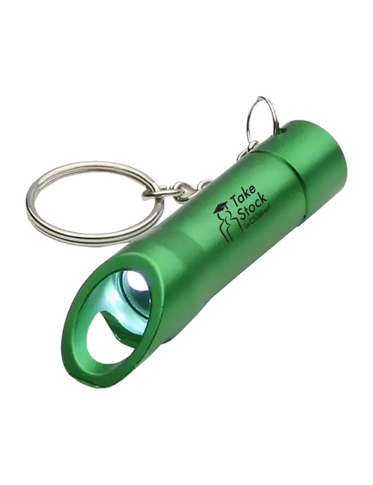 Medium Green Pocket LED Flashlight with Bottle Opener & Keychain w/Take Stock in Children Logo