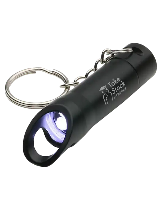 Black Pocket LED Flashlight with Bottle Opener & Keychain w/Take Stock in Children Logo