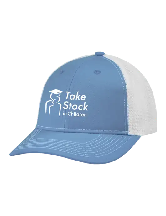 Snapback Ponytail Trucker Cap Carolina Blue w/White Mesh w/Take Stock in Children Logo