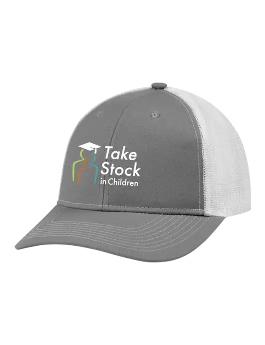 Snapback Ponytail Trucker Cap Light Medium Heather Grey w/White Mesh w/Take Stock in Children Logo