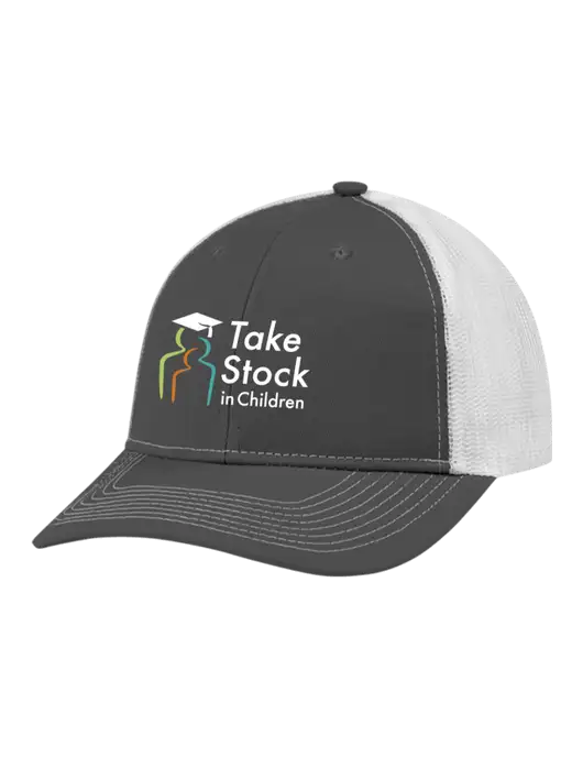 Snapback Ponytail Trucker Cap Dark Grey w/White Mesh w/Take Stock in Children Logo