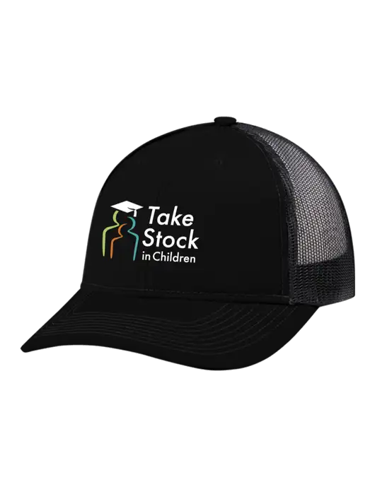 Snapback Ponytail Trucker Cap Black w/Black Mesh w/Take Stock in Children Logo