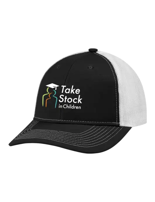 Snapback Ponytail Trucker Cap Black w/White Mesh w/Take Stock in Children Logo