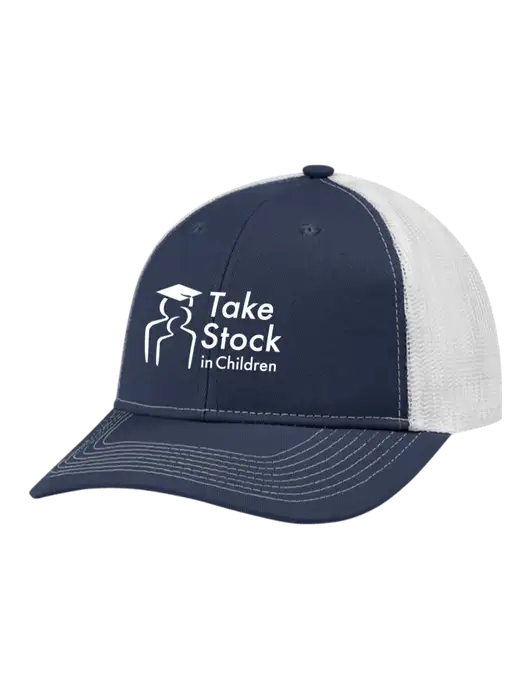 Snapback Ponytail Trucker Cap Navy w/White Mesh w/Take Stock in Children Logo