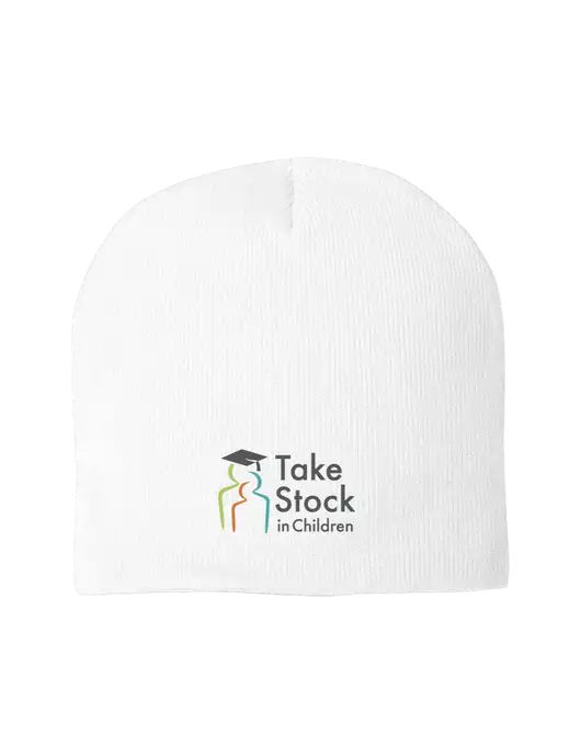 Solid White Element Knit Beanie w/Take Stock in Children Logo