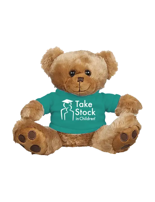 8 1/2 Cuddly Brown Bear With Teal T-Shirt w/Take Stock in Children Logo