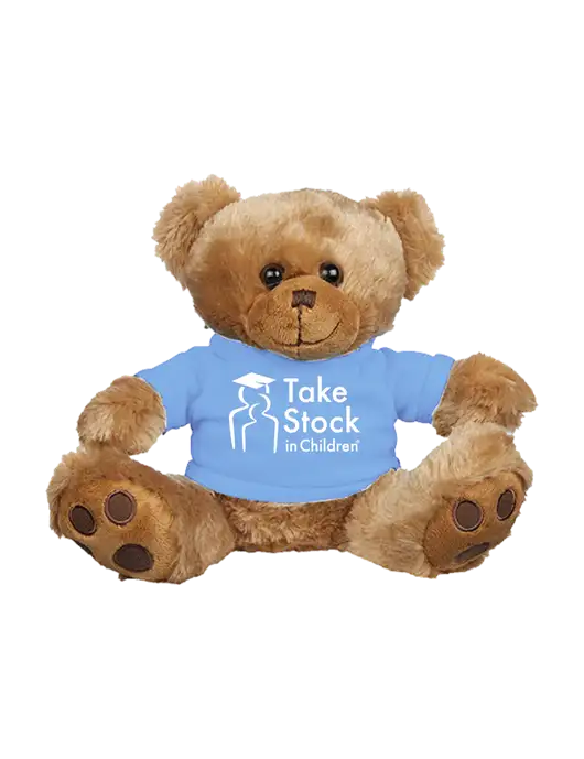 8 1/2 Cuddly Brown Bear With Light Blue T-Shirt w/Take Stock in Children Logo