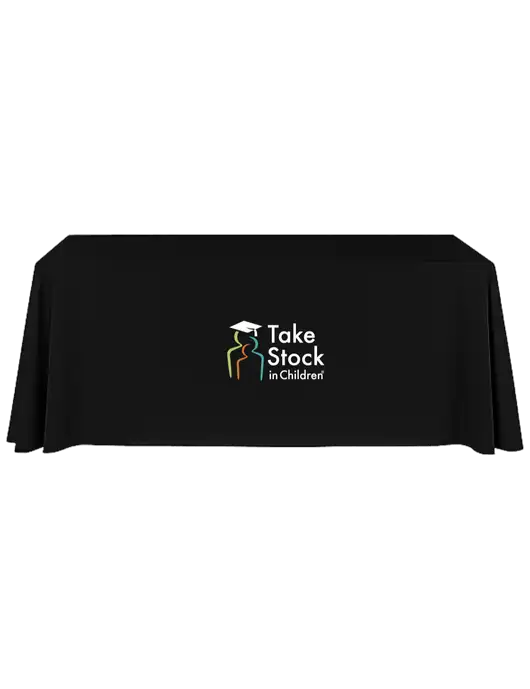 8' Stain-Resistant 4-Sided Black Table Cover w/Take Stock in Children Logo
