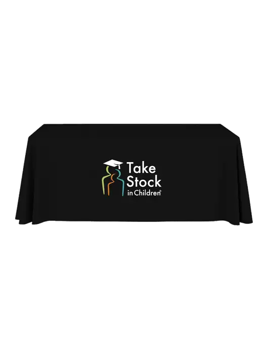 6' Stain-Resistant 4-Sided Black Table Cover w/Take Stock in Children Logo