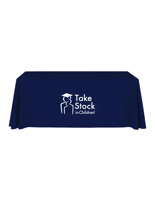 6' Stain-Resistant 4-Sided Dark Navy Table Cover w/Take Stock in Children Logo