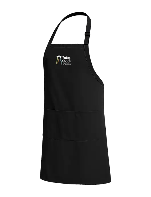 Easy Care Extra Long Bib Black Apron with Stain Release w/Take Stock in Children Logo