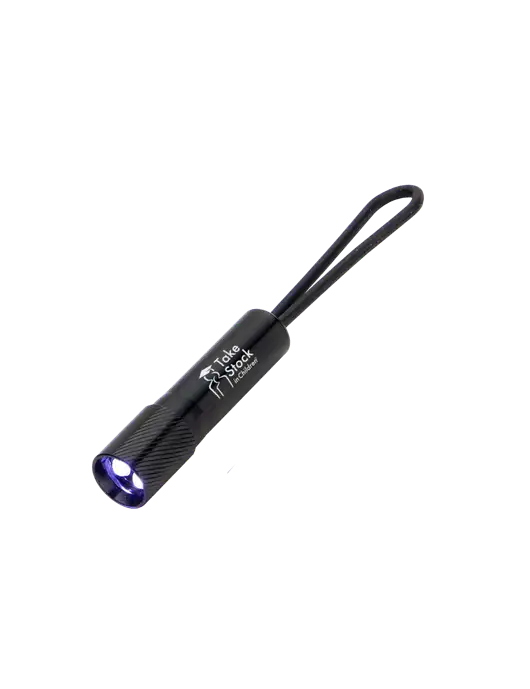 Mini Black LED Flashlight with Silicone Loop w/Take Stock in Children Logo