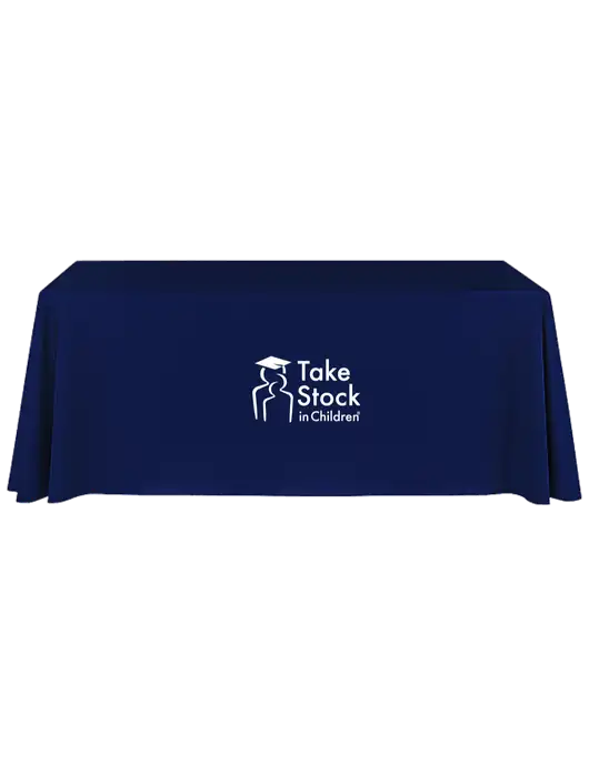 8' Stain-Resistant 4-Sided Dark Navy Table Cover w/Take Stock in Children Logo