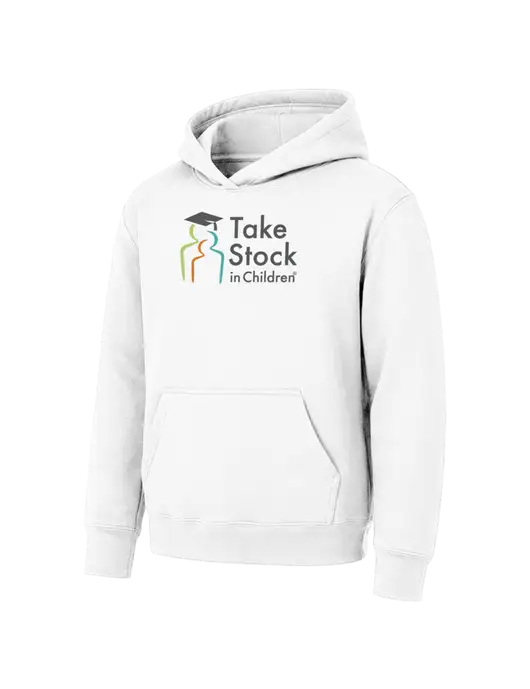 Youth White 7.8 oz Pullover Hooded Sweatshirt w/Take Stock in Children Logo